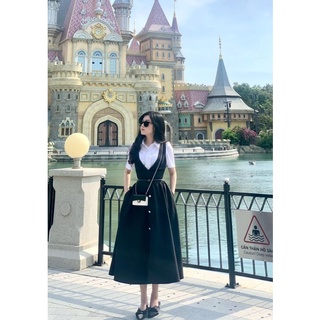 VN793 - VÁY ĐEN 2S PHỐI TRẮNG CỔ SƠ MI CÚC BỌC