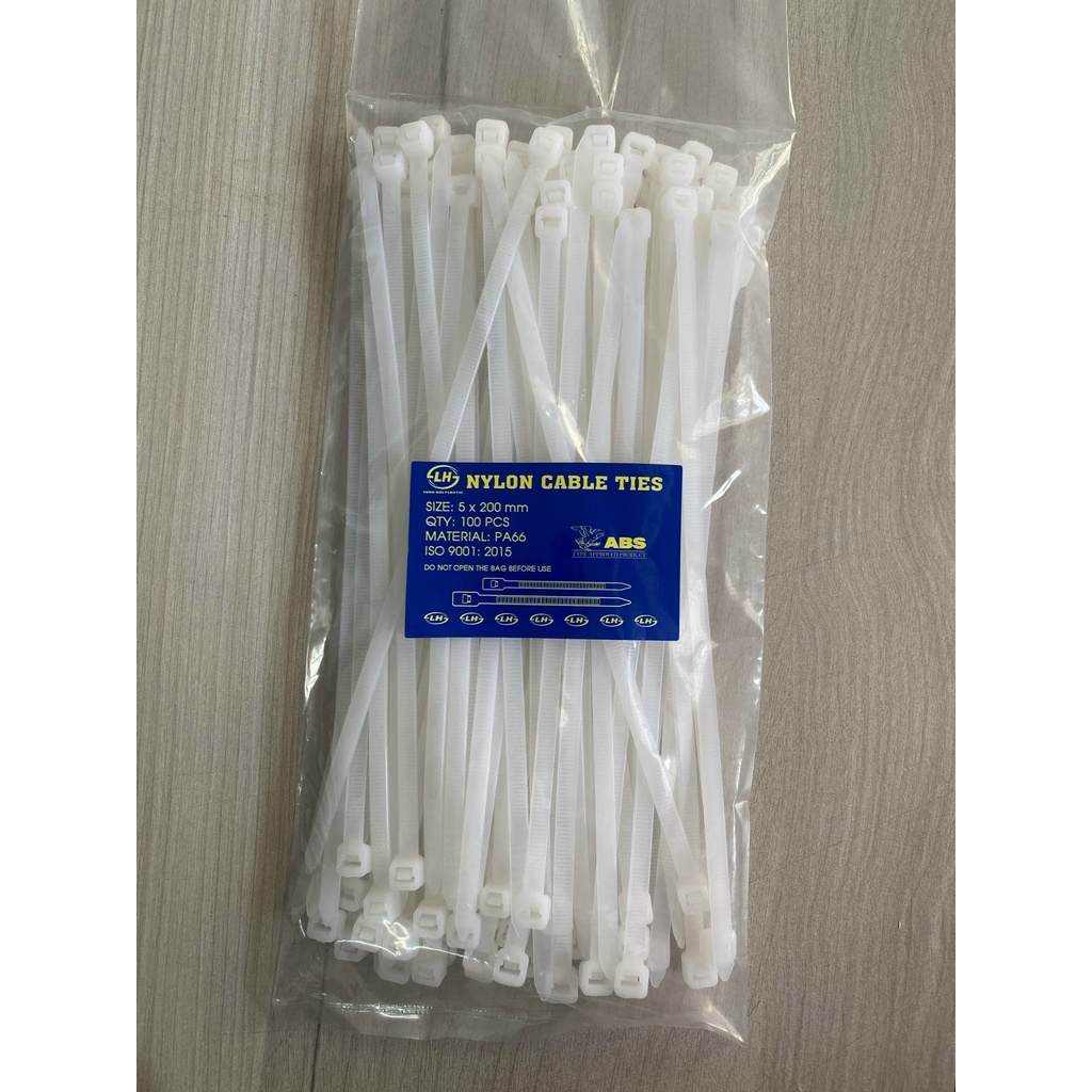 Dây rút, dây thít nhựa trắng đen 5x200mm [BẢN LỚN] 100 sợi/bịch