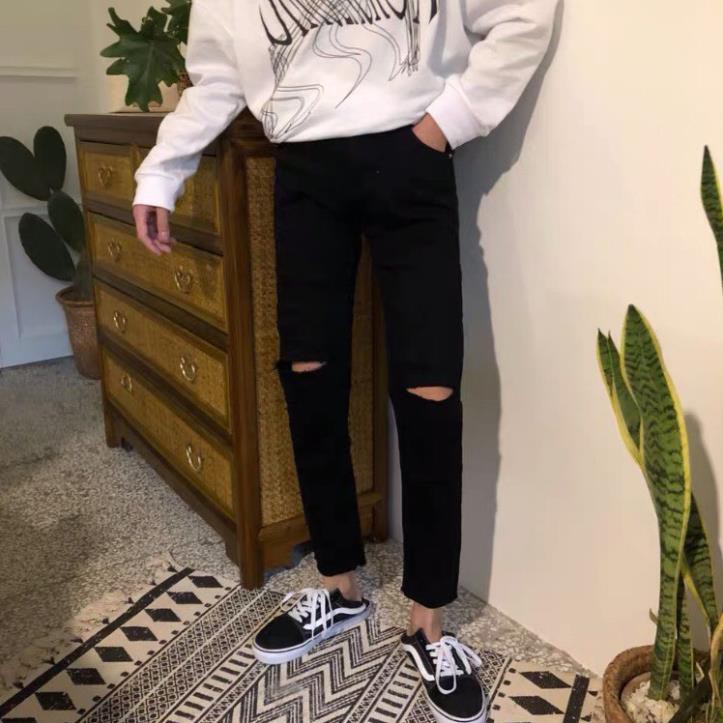 [Tiền Nào Của Đấy]Quần Jeans Nam Rách Gối Màu Đen Vải Co Giãn, Không Phai Màu Dáng Skinny Phong Cách Hàn Quốc -J02 | BigBuy360 - bigbuy360.vn