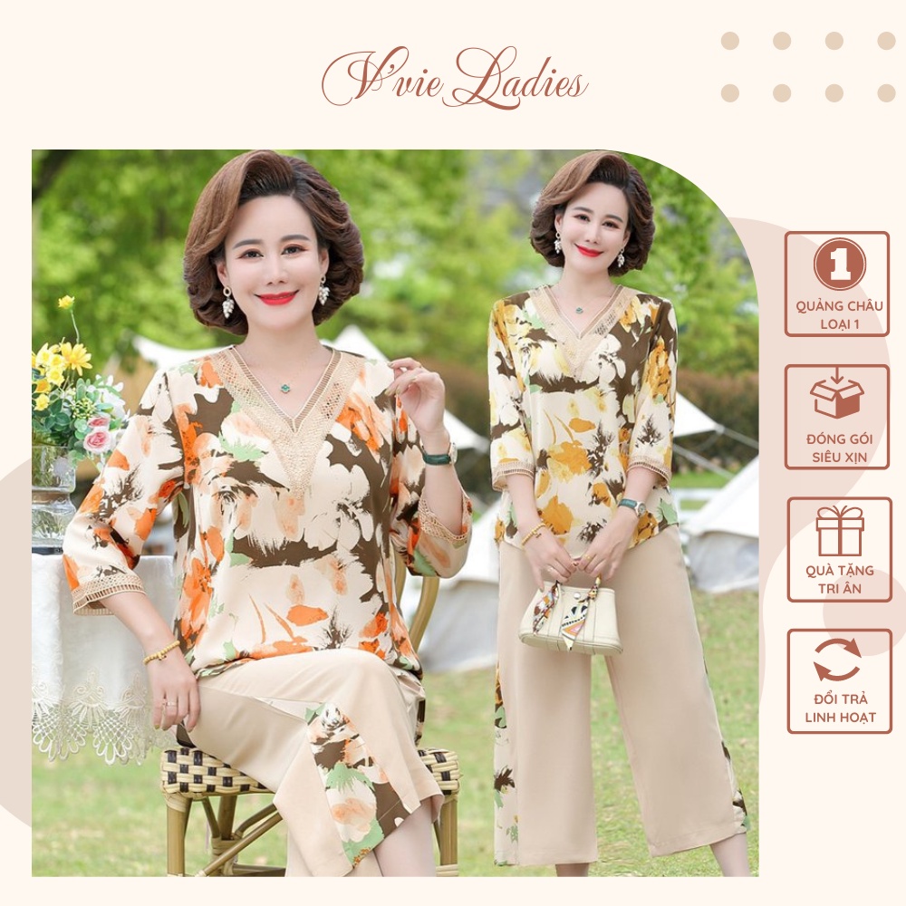 Đồ bộ trung niên nữ cho mẹ, Hàng Quảng Châu cao cấp, Bộ voan cổ chữ V 2 màu V'vie Ladies #B23