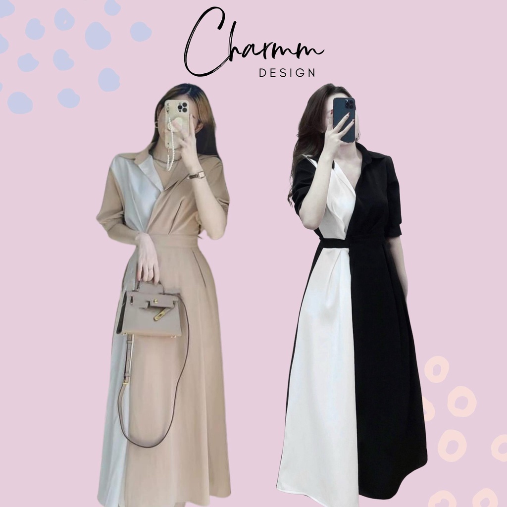 Váy đầm sơ mi công sở có cổ, dáng dài, phối màu, thắt eo, xòe dài thanh lịch cao cấp Charmm design