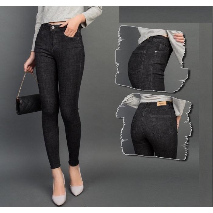 Quần jean nữ da xước màu đen lưng cao co giãn mạnh
