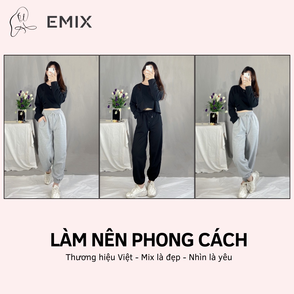 Quần jogger nữ thể thao EMIX (2 màu), unisex, dáng dài, cạp cao, lưng chun, vải nỉ tổ ong, form thụng basic