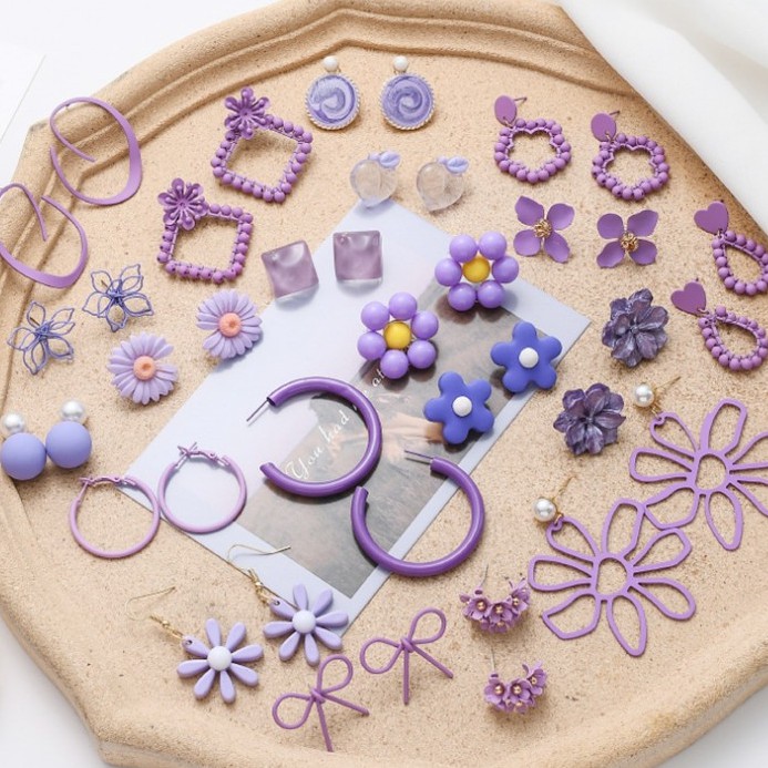 Khuyên Tai Hoa Tím Đính Hạt Giả Ngọc Trai