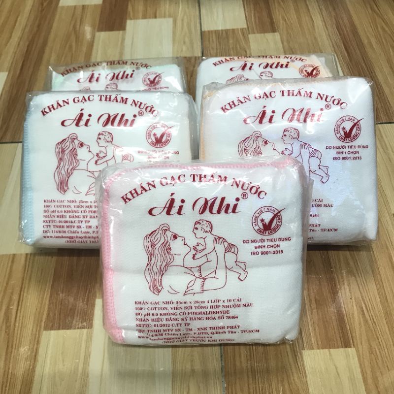 Khăn gạc thấm nước / khăn vải mùng, khăn sữa em bé Ái Nhi (khăn 4 lớp, 1 lốc 10 cái)