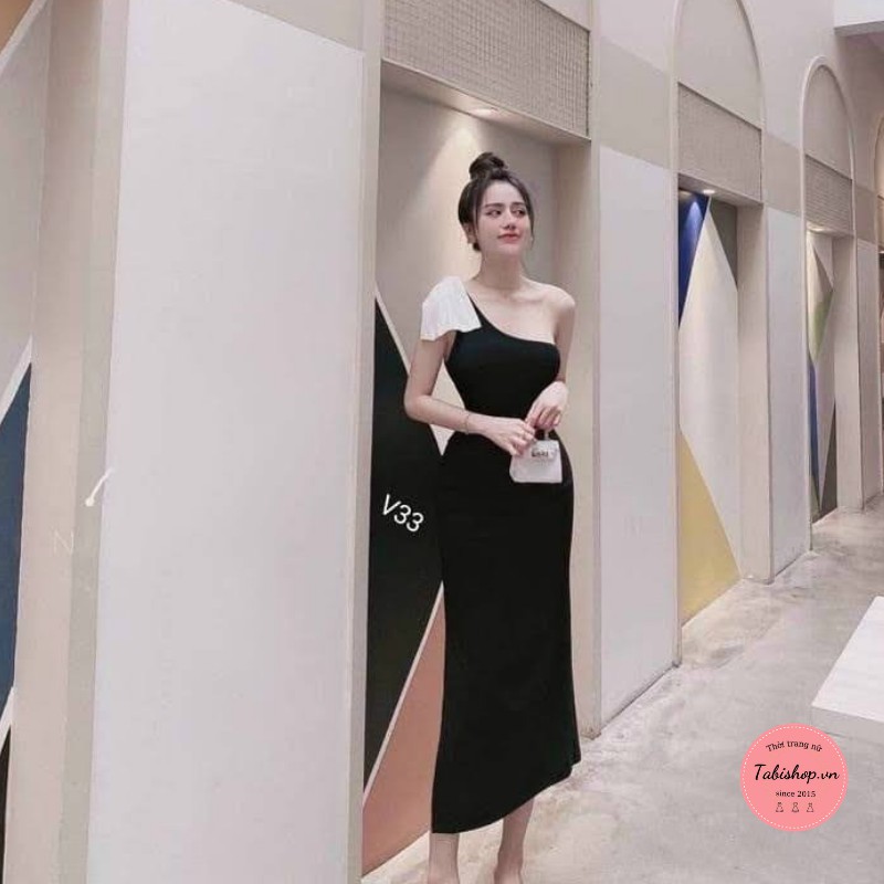 Đầm thun lệch vai xẻ tà váy ôm body phối nơ sang chảnh | BigBuy360 - bigbuy360.vn