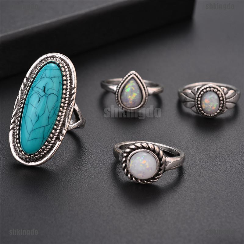 Bộ 8 nhẫn mạ bạc đính đá Opal phong cách Bohemian