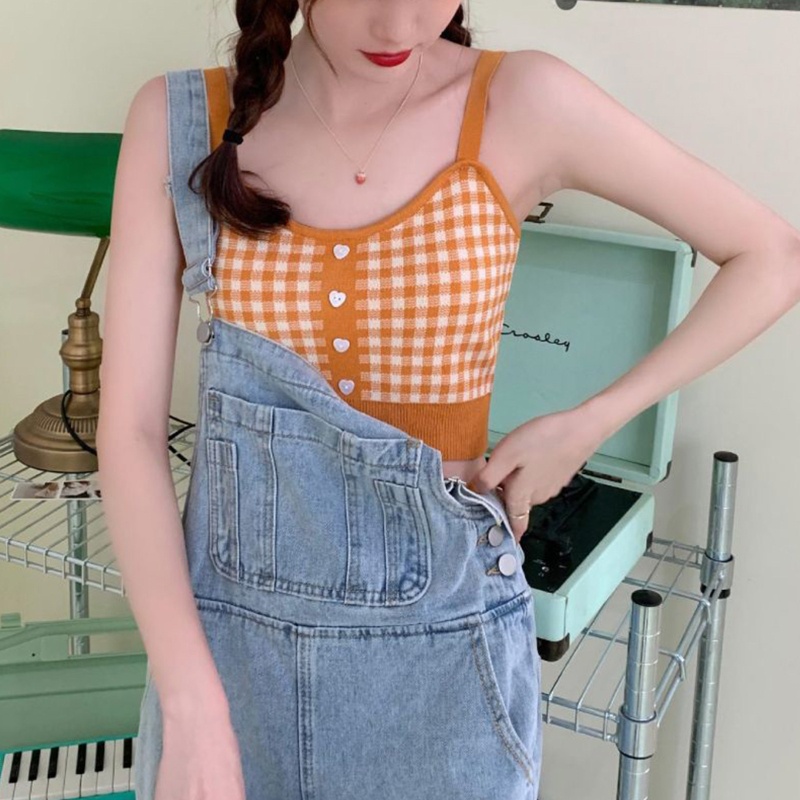 Áo Croptop Dệt Kim Hai Dây Cài Nút Họa Tiết Sọc Caro Phong Cách Pháp Cho Nữ
