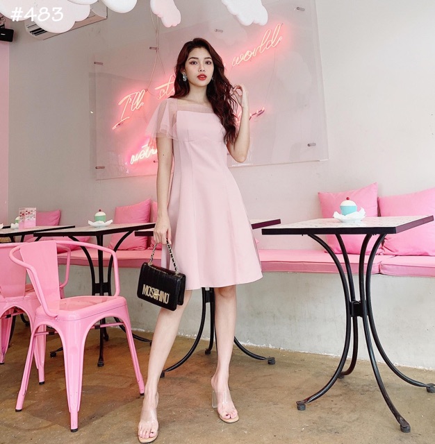 Đầm dáng xòe tay phối lưới đi tiệc xinh xắn xb