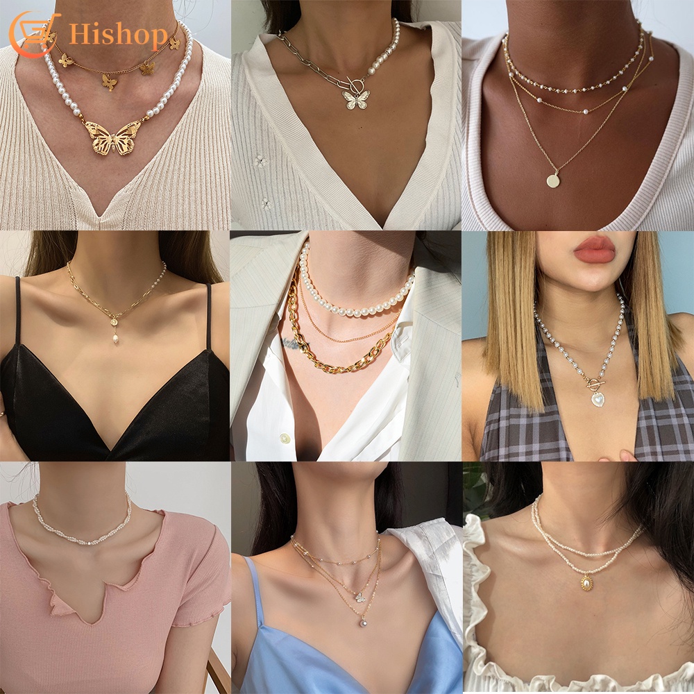 Vòng cổ Mạ Vàng Mặt Hình Bướm / Trái Tim Đính Ngọc Trai Thời Trang Tinh Tế Cho Nữ