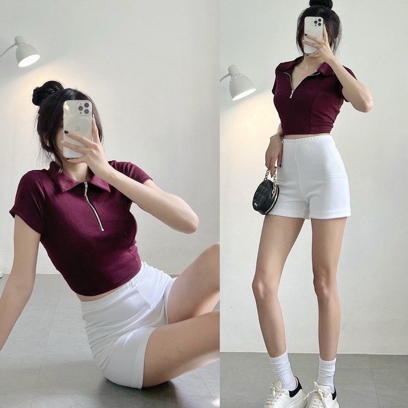 Áo Thun Croptop Polo Phối Khoá Kéo Tay Ngắn Siêu Chất