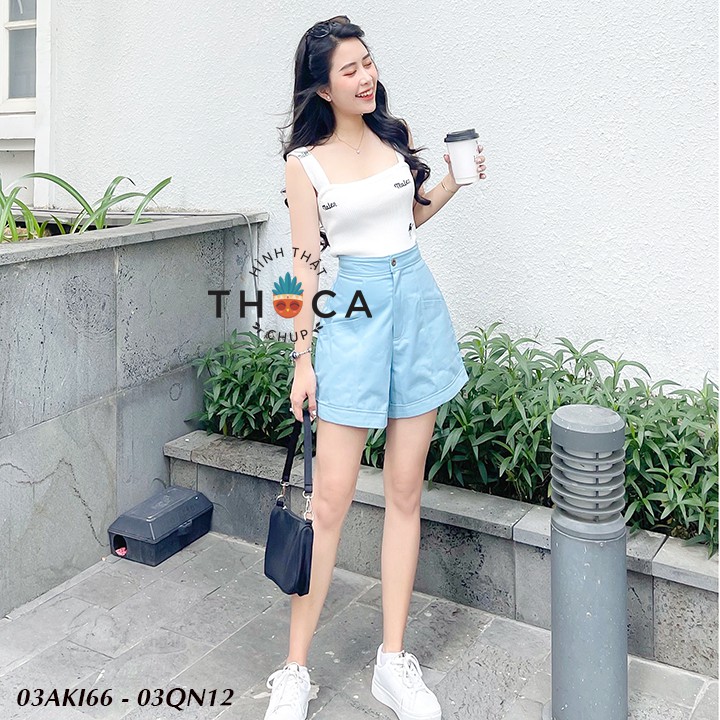 Quần short kaki túi xéo cạp cao viền chỉ xanh THOCA HOUSE xinh xắn và năng động cho nàng đi chơi
