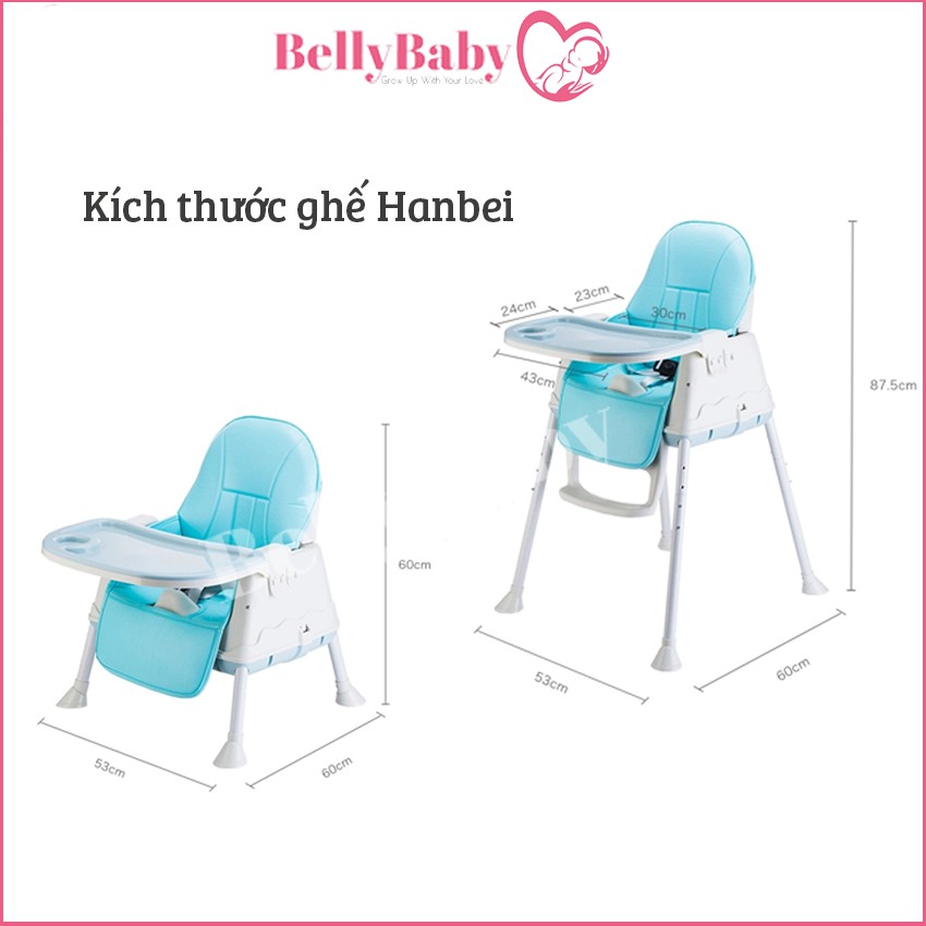 Ghế Ăn Dặm Hanbei Và Ghế Ăn Dặm BellyBaby BB102 Full Phụ Kiện Đệm + Bánh Xe + Chân Ghế BH12 Tháng