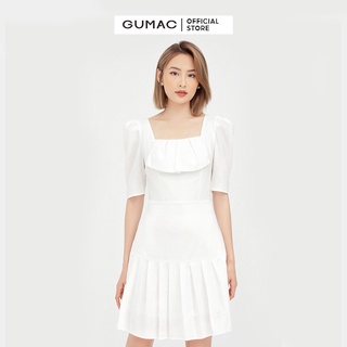 Đầm xòe nữ cổ vuông dập ly GUMAC màu trắng tay lỡ dự tiệc DB501