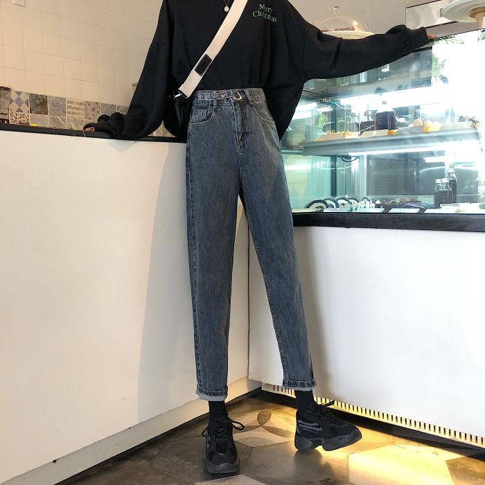 Quần Jeans Dài Lưng Cao Dáng Rộng Thời Trang Mùa Đông Hàn Quốc Cho Nữ