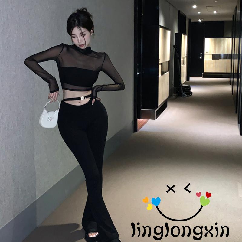 Áo Thun Crop Top Phối Lưới Màu Trơn Tay Dài Hở Lưng Thời Trang Đường Phố Cho Nữ Linglongxi2