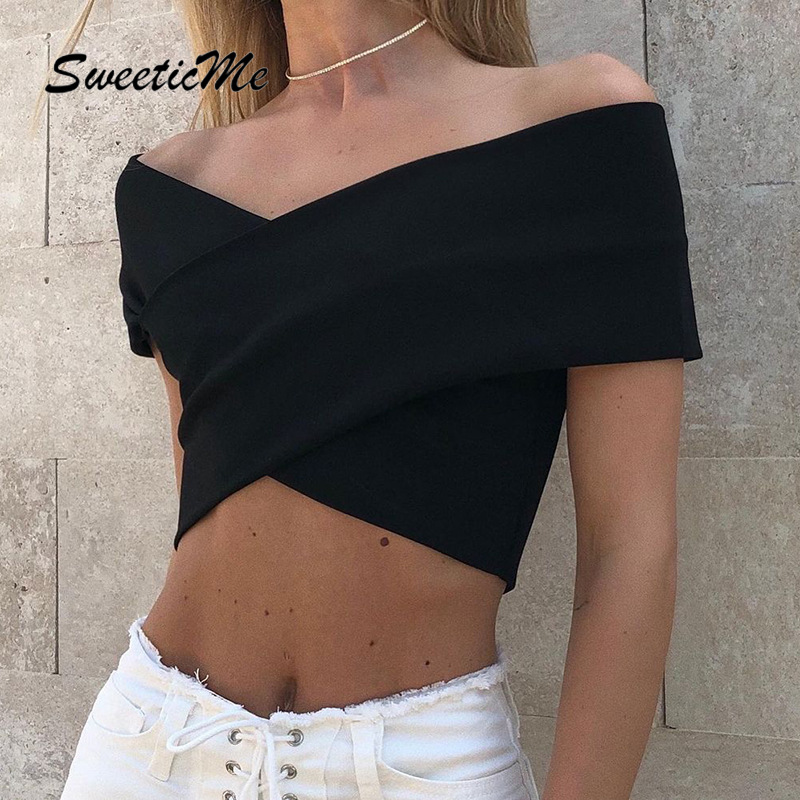 Áo Croptop Trễ Vai Màu Trơn Dáng Ôm Thời Trang Đường Phố Gợi Cảm Cho Nữ