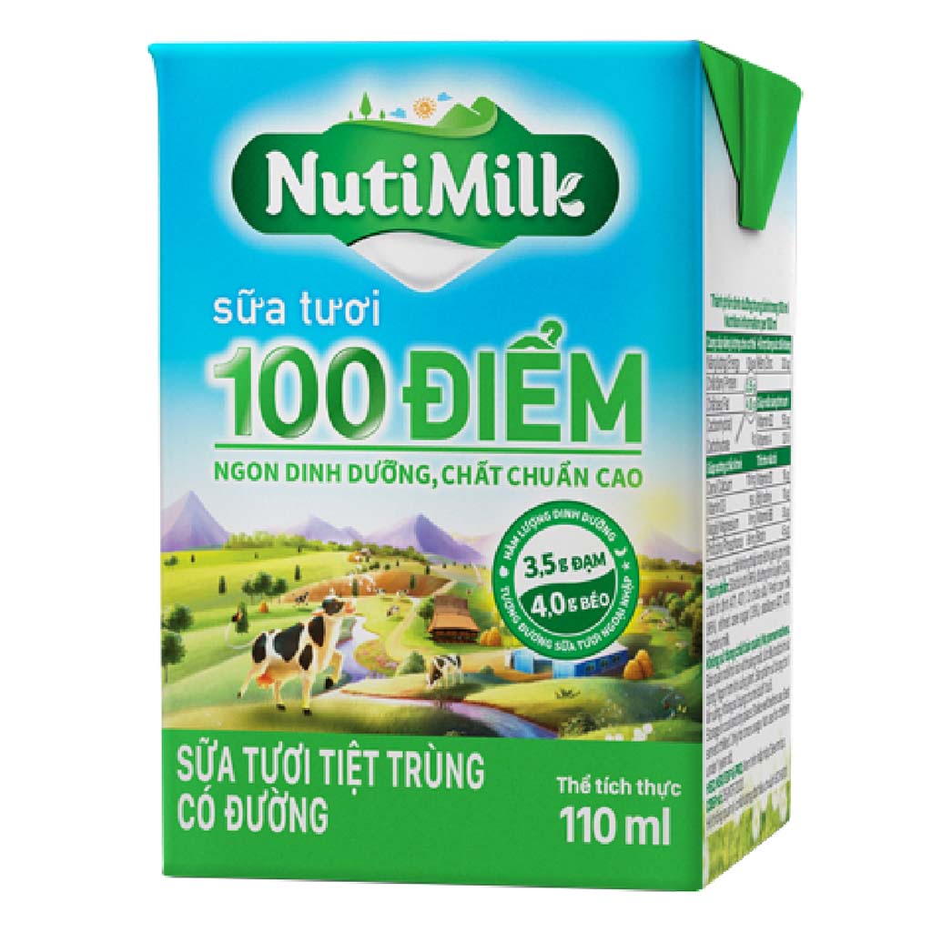 Sữa Tươi Tiệt Trùng 100 Điểm Có Đường Nutimilk 110ml