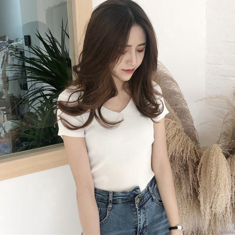 Áo thun len tay ngắn cổ chữ V màu trơn