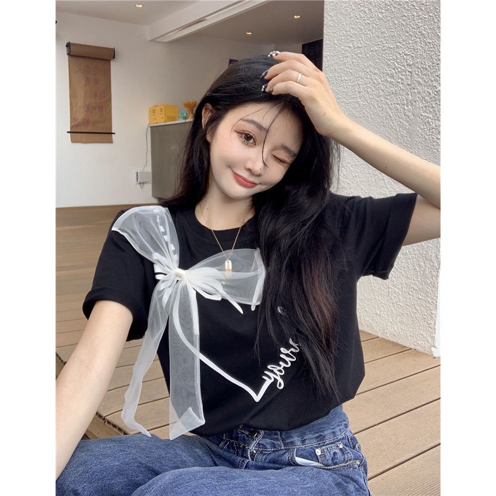 Students feel foreign style bow tie short-sleeved t-shirt girls summer wear personality care machine age-reducing half-sleeved shirt ins trend
