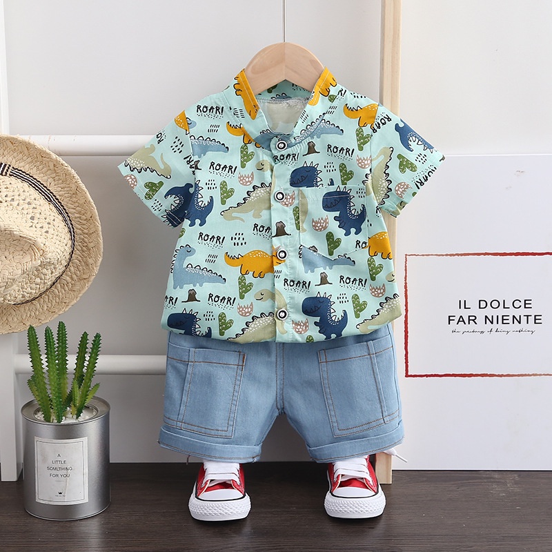 Bộ đồ áo sơ mi quần jean họa tiết KHỦNG LONG phong cách Hàn Quốc cho bé trai QATE32
