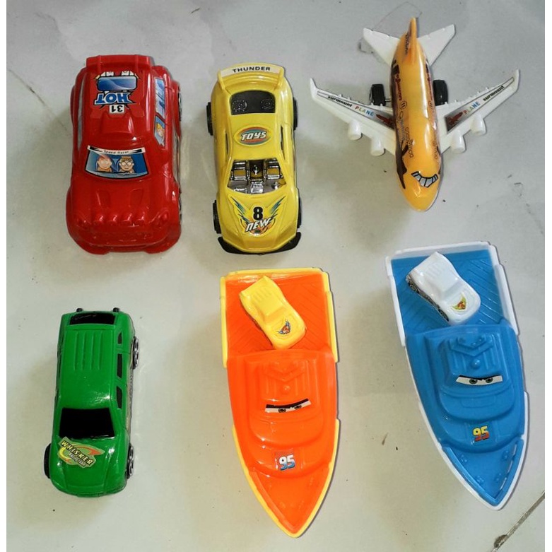 Sét 6 chiếc mô hình xe+máy bay+tàu bằng nhựa chạy chớn mini