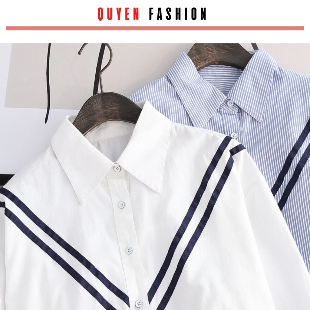 Áo sơ mi công sở kiểu dáng hàn quốc thắt nơ trẻ trung Quyên Fashion AA549 màu trắng, kẻ