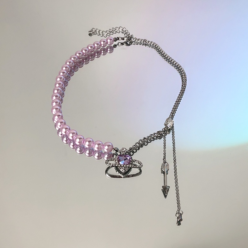 Vòng cổ gắn hạt ngọc trai tím mặt trái tim phong cách hip hop