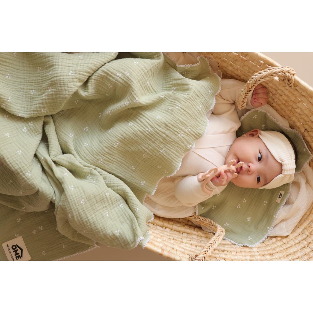 Set khăn đa năng vải xô 2 lớp + miếng lót đầu sơ sinh 8 lớp Ome cho bé | Khăn xô cho bé sơ sinh