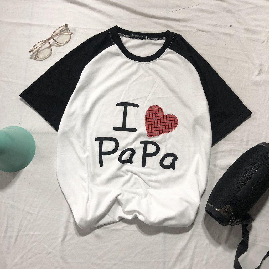Áo phông thun tay lỡ form rộng I LOVE PAPA - Màu trắng tay đen
