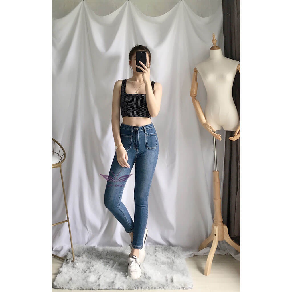 Quần jeans nữ lưng cao co giãn 9 tấc kiểu túi vuông/tua lai