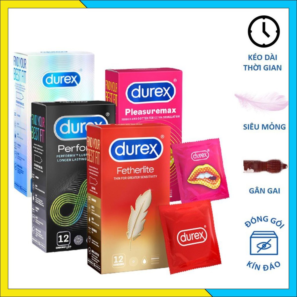 Combo 4 hộp bao cao su durex performa + plesuamax + fetherlite + invisible