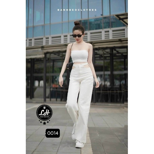 Quần jean khoét eo ống suông nữ ulzzang Lê Huy Fashion màu trắng MS 0014