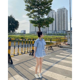 [Ảnh Thật] Sơ Mi xẻ lai xanh + Short trắng
