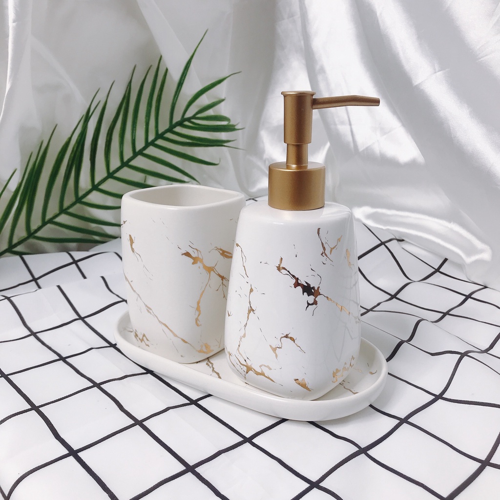 Set bình sứ nhà tắm đựng nước rửa tay xà phòng, decor nhà tắm sang trọng