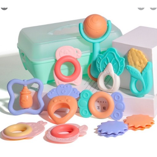 Bộ đồ chơi gặm nướu xúc xắc 10 món Baby Rattle kèm hộp đựng  an toàn cho bé mẫu cực đẹp