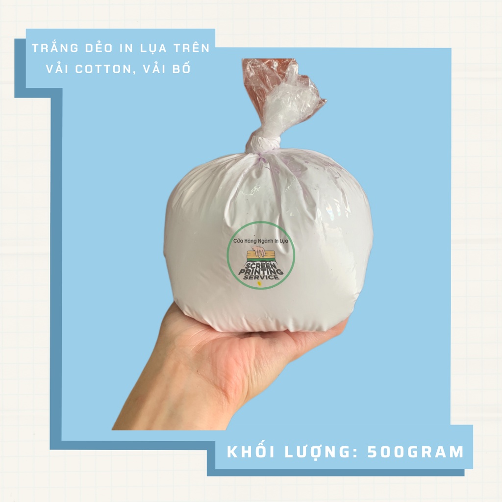 Mực in lụa trắng dẻo in trên vải cotton, vải bố
