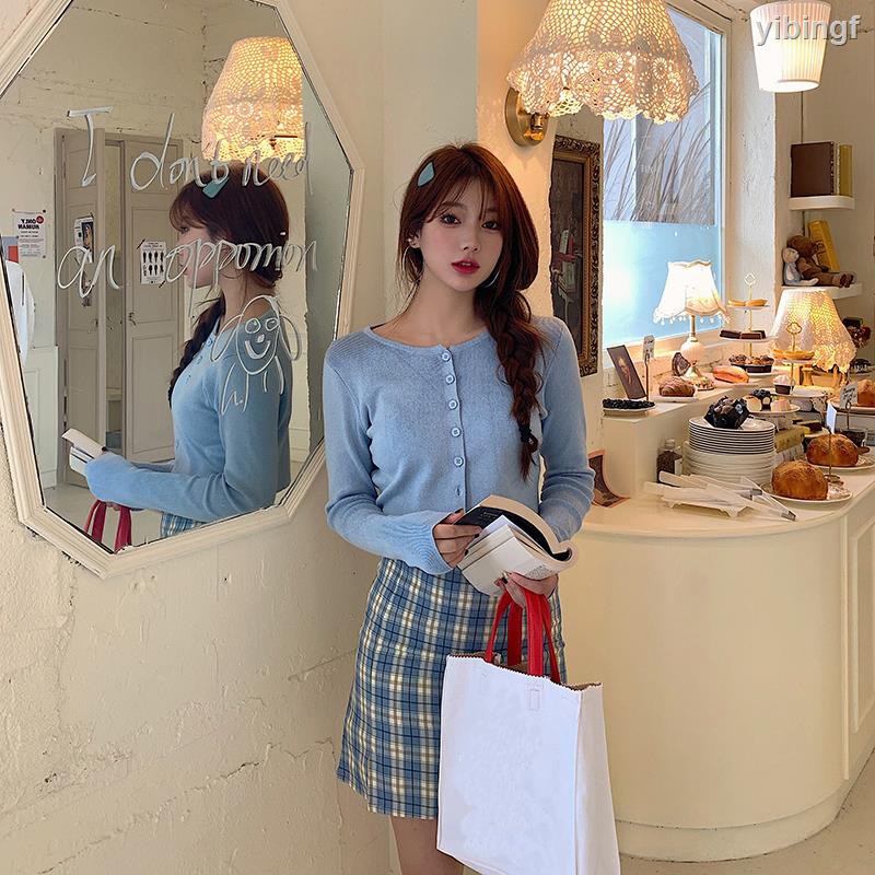 Bộ Áo Khoác Cardigan Dệt Kim + Chân Váy Lưng Cao Sọc Ca Rô Xinh Xắn Cho Nữ | BigBuy360 - bigbuy360.vn