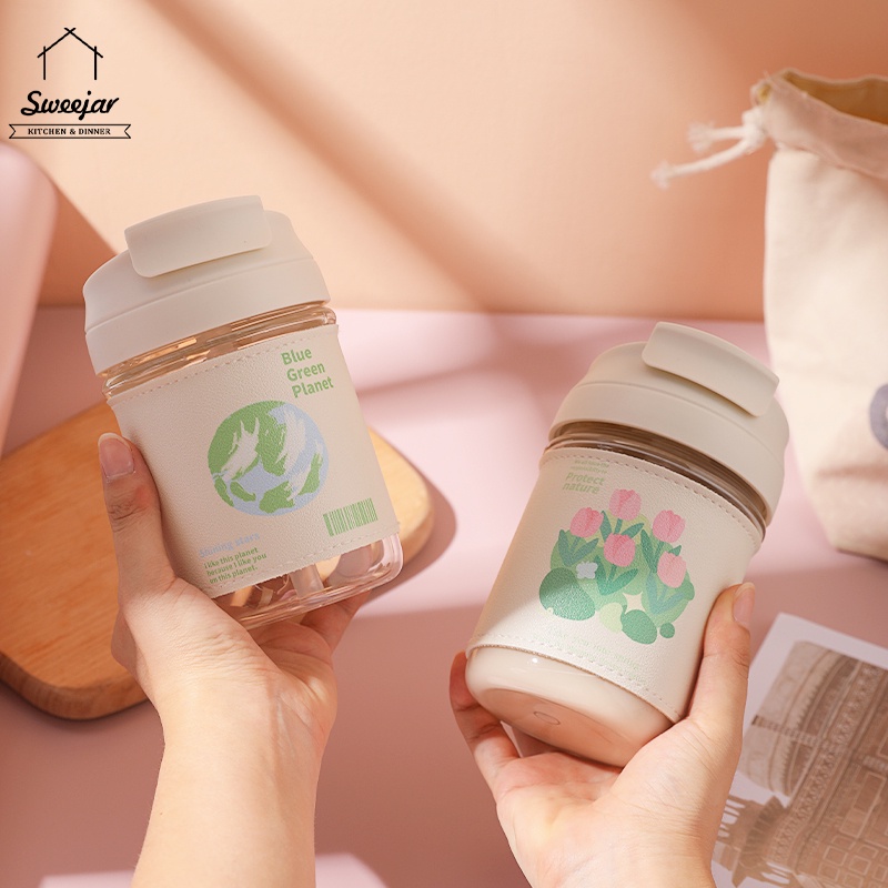 Cốc Thủy Tinh Borosilicate Cao 400ML Kèm Ống Hút Và Dây Da Chống Rò Rỉ Chịu Nhiệt Cao