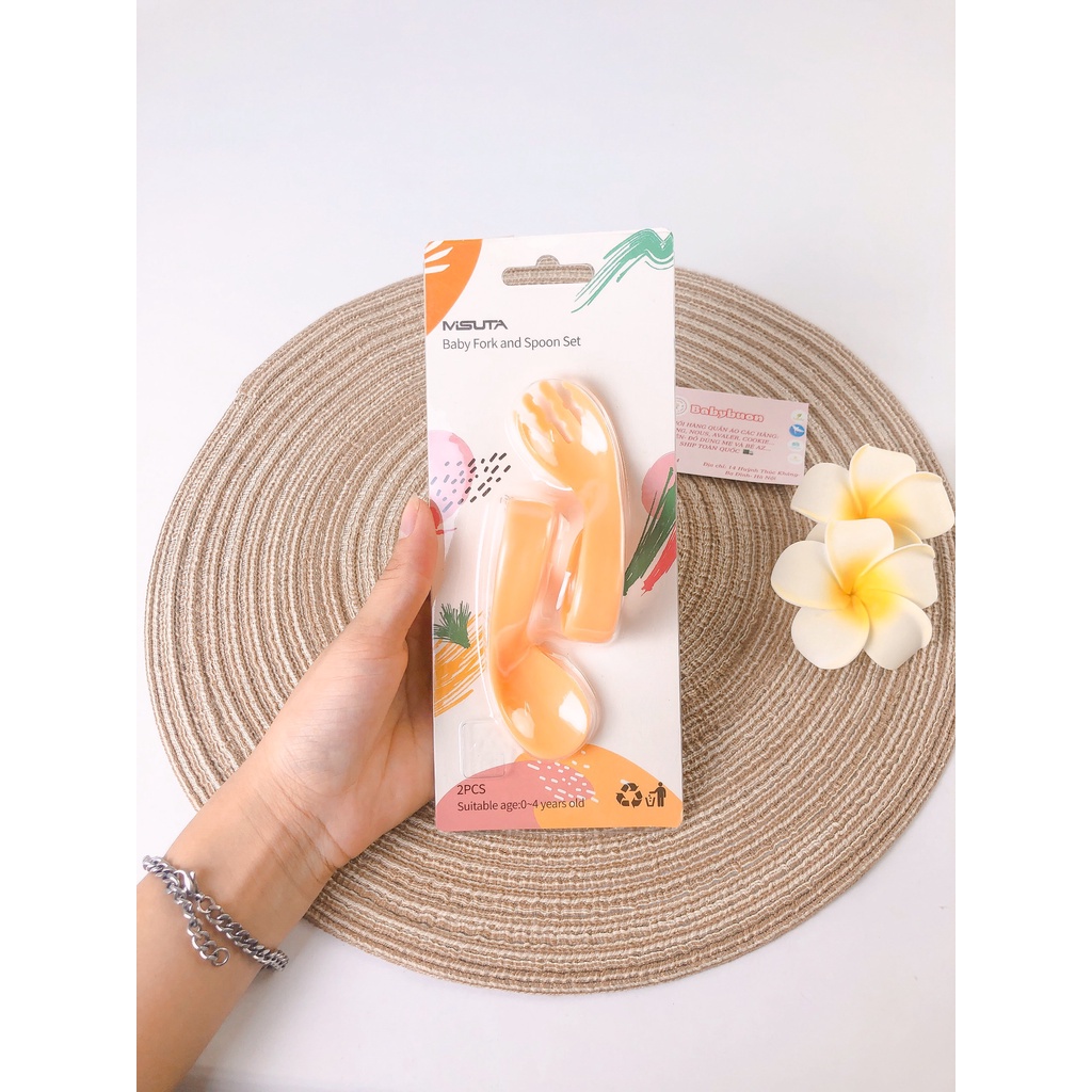 Thìa Dĩa Tập Xúc Misuta Cho Bé, Tay Cầm Xoắn Cong Babibu - TDXCM