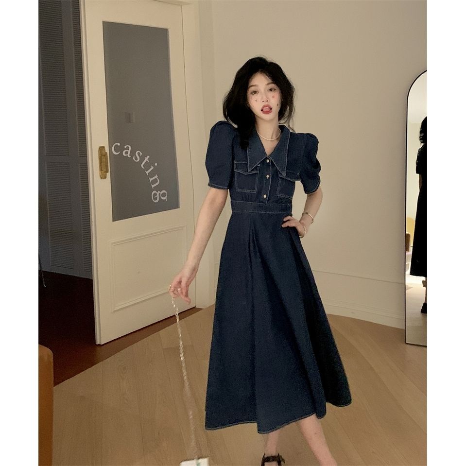 Đầm Denim Cổ POLO Tay Phồng Thời Trang Mùa Hè Phong Cách Mới Dành Cho Nữ