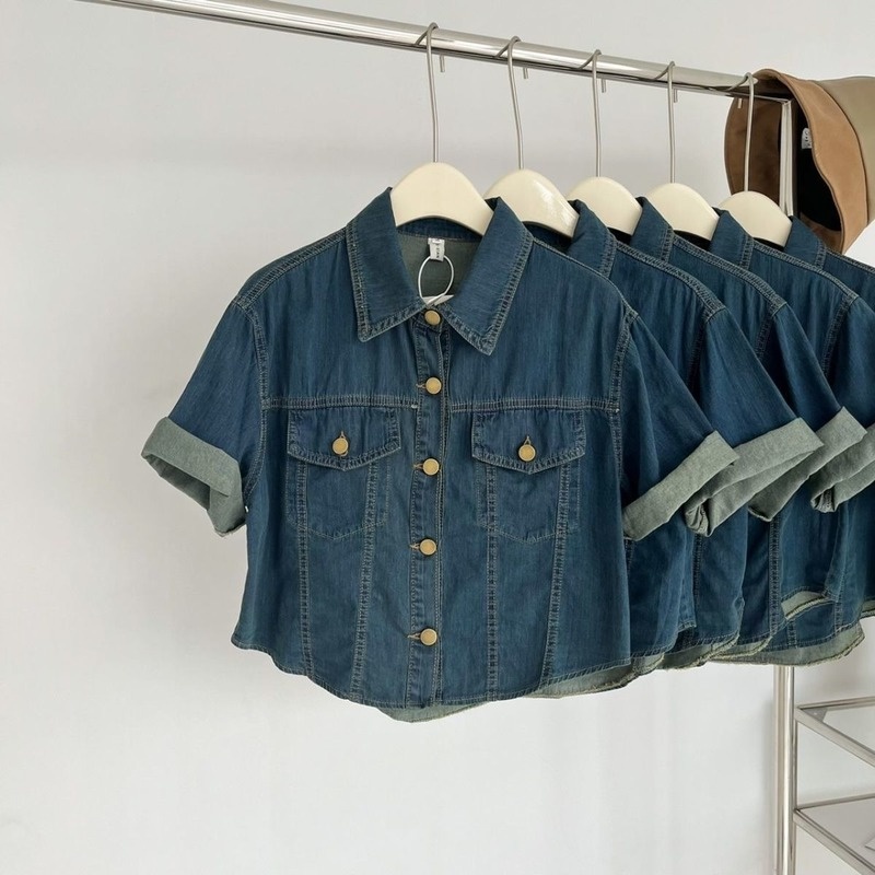 Áo Sơ Mi Denim Tay Ngắn Dáng Rộng Phong Cách Chic Hồng Kông Thời Trang Hè 2022 Cá Tính Cho Nữ