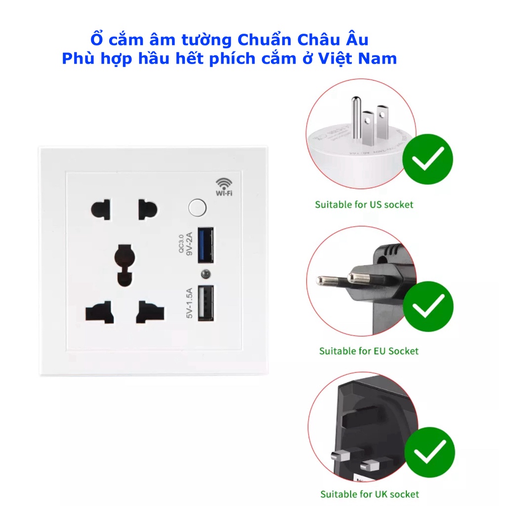 Chuẩn Châu Âu 86x86 mm, ổ cắm âm tường thông minh, kết nối Wifi, hệ Tuya / Smart Life -