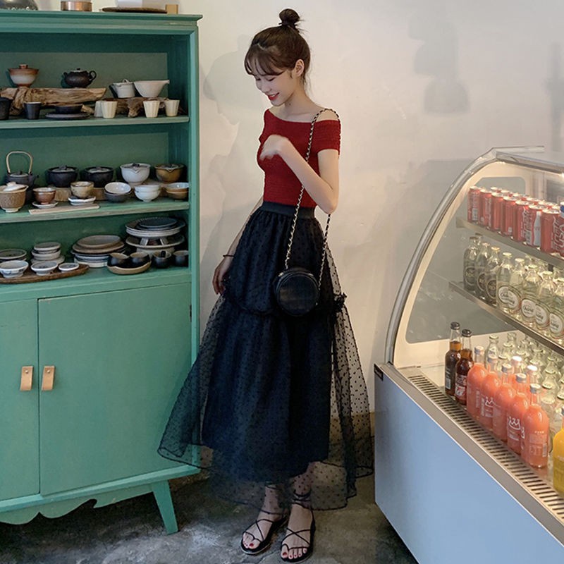 Chân Váy Dài Lưng Cao Phối Ren Lưới Phong Cách Hàn Quốc Mới Cho Nữ 2021