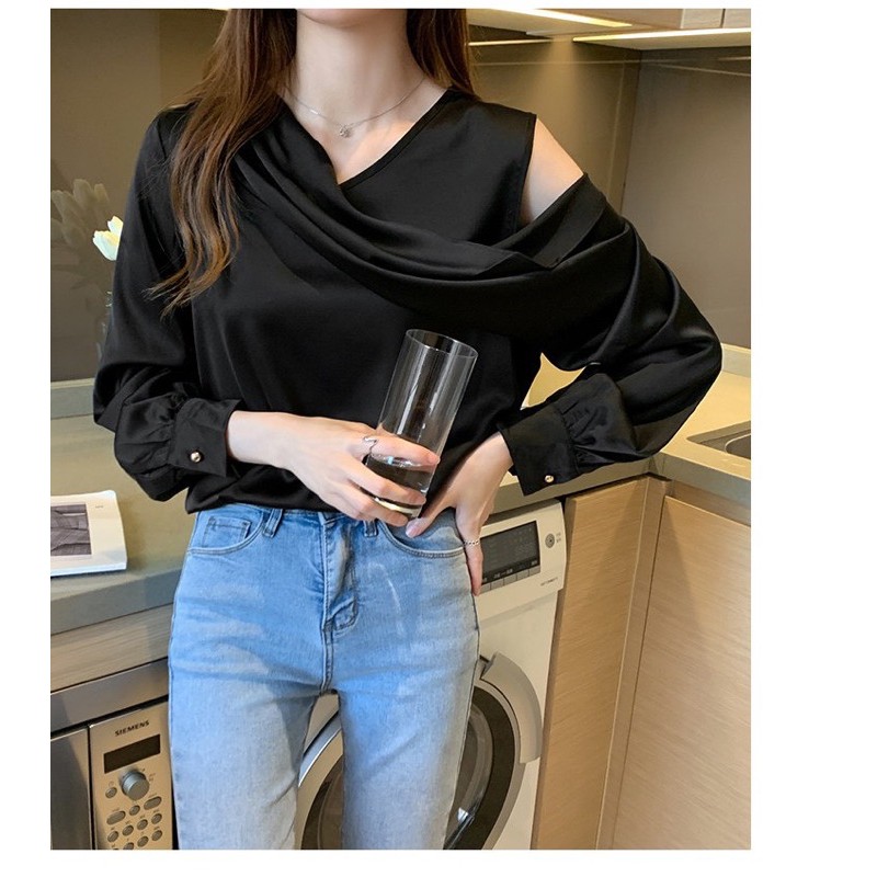 ANU62 - ÁO SƠ MI LỤA NỮ DÀI TAY XOẮN HỞ VAI