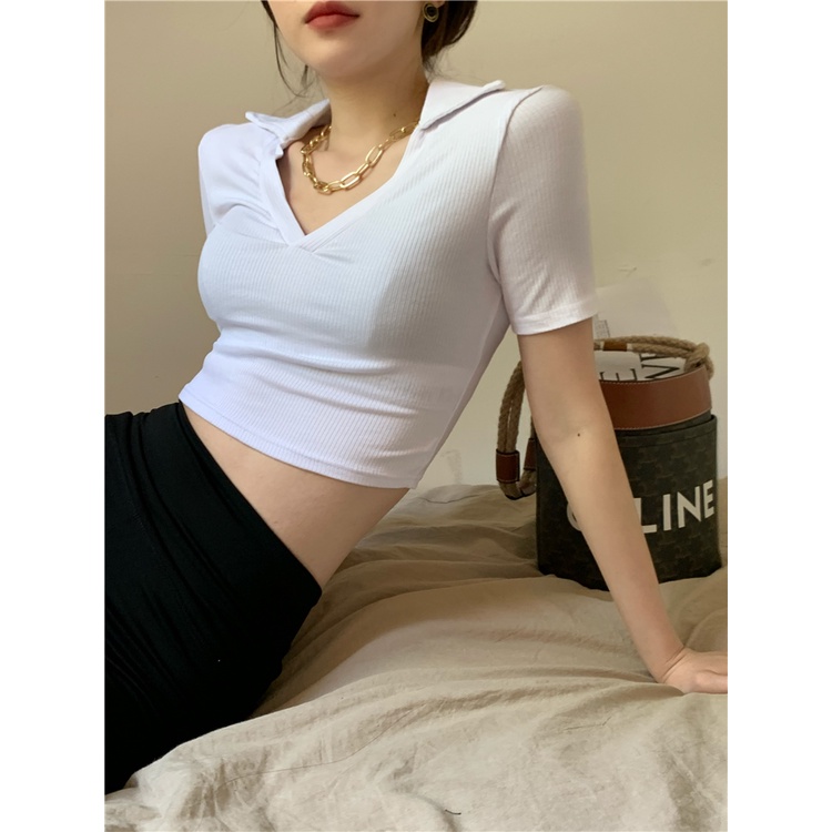 QKOOLE Áo polo  tay ngắn dáng ôm phong cách Hàn Quốc cổ điển thời trang cho nữ