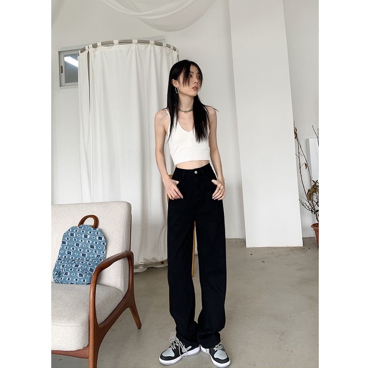 Quần jeans ống rộng chất bò dáng suông màu đen,jeans cạp cao phong cách Hàn Quốc sành điệu-MAI THỎ SHOP