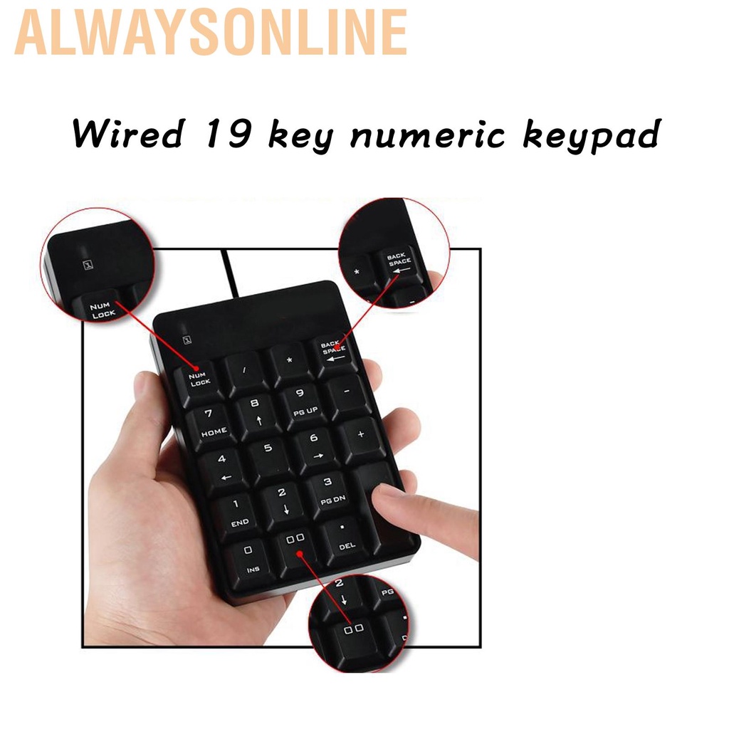 Alwaysonline Number Pad Wired 19 Key USB Interface Drive Free Portable Black Laptop Numeric Keypad for Office Bank Super Market