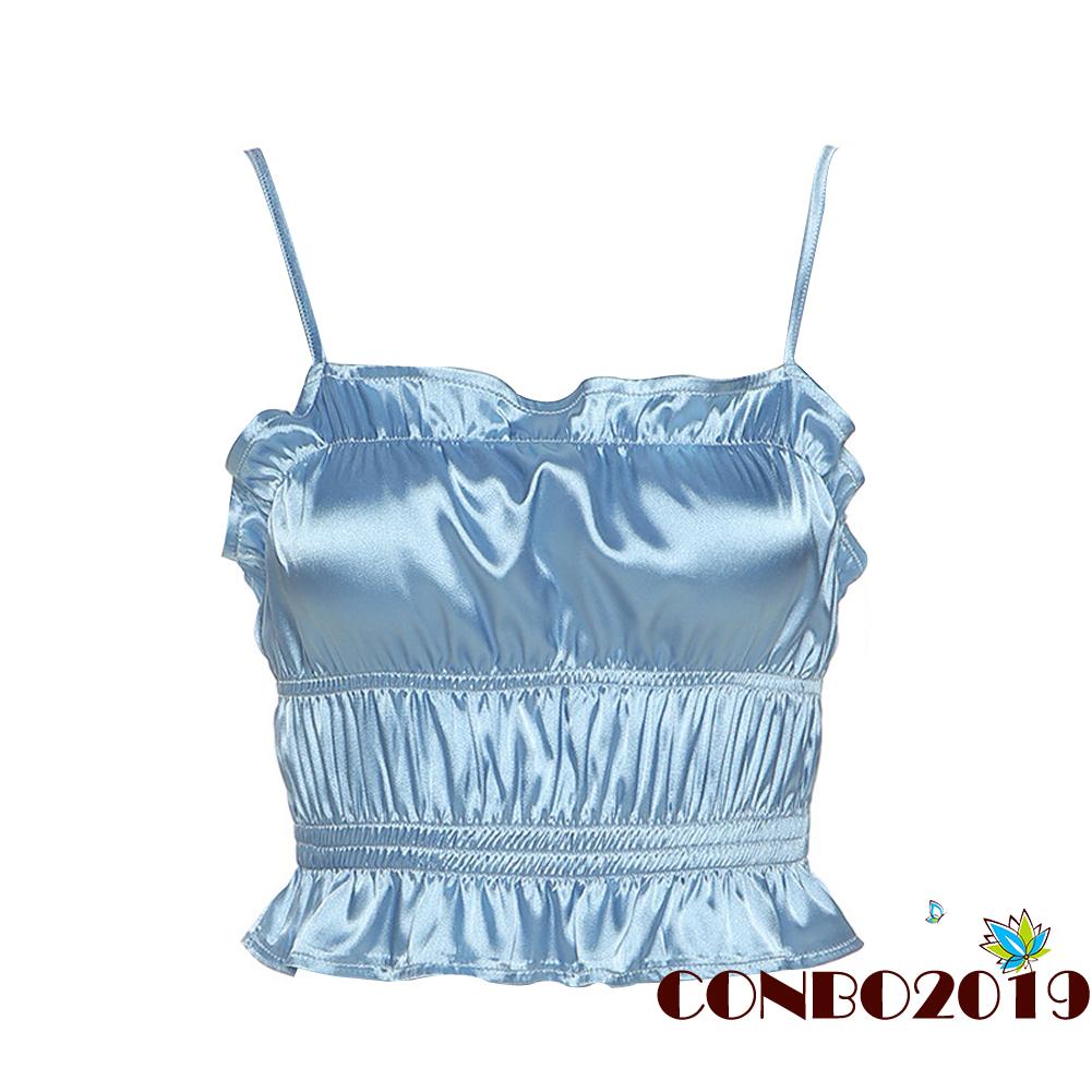 Áo Lửng Hai Dây Xếp Nếp Màu Trơn Gợi Cảm Cho Nữ