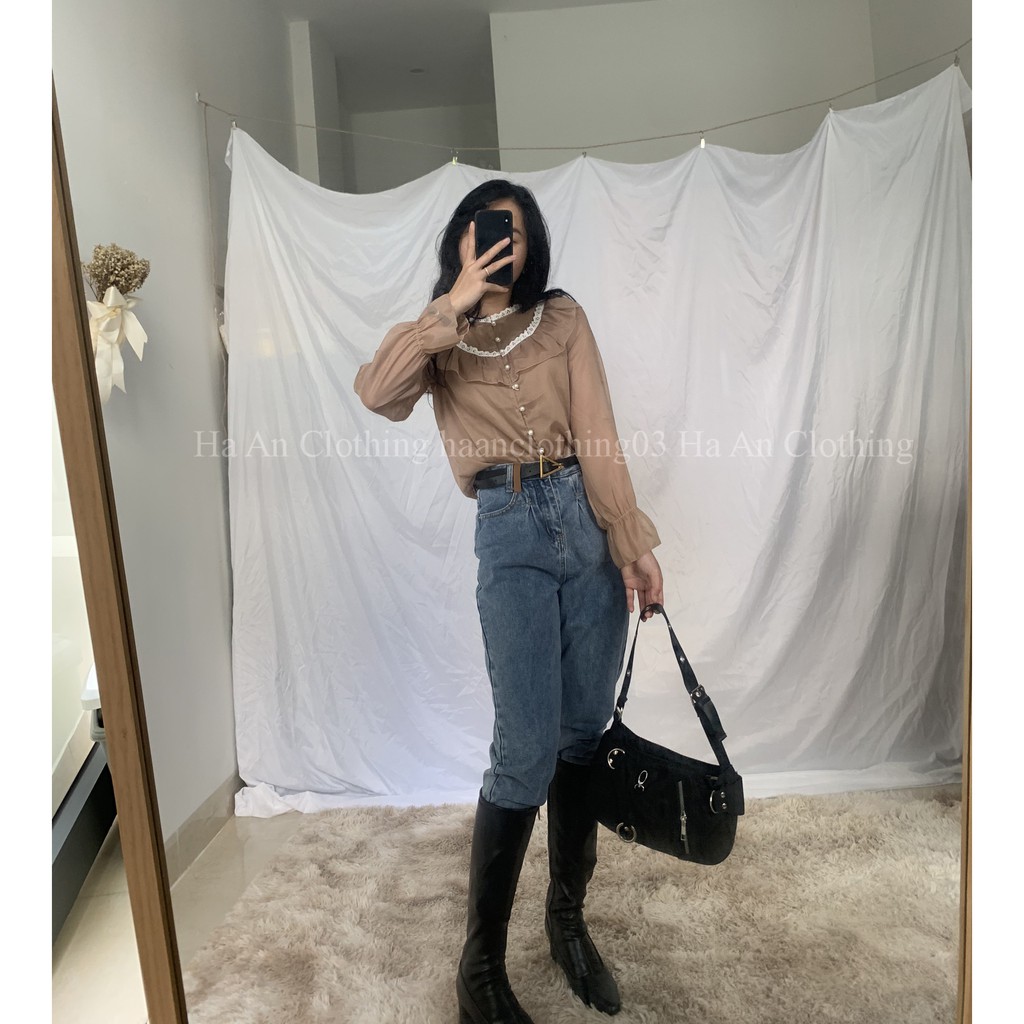 Quần jean nữ quần baggy nữ kèm belt có túi màu xanh nhạt (ảnh thật)